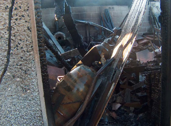 Acetylene cylinder at workshop fire, Legan, Thomastown